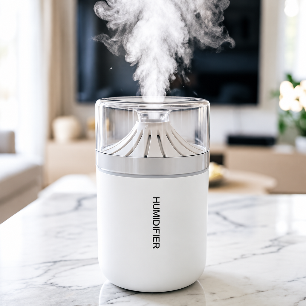 White cup humidifier releasing mist on a marble tabletop
