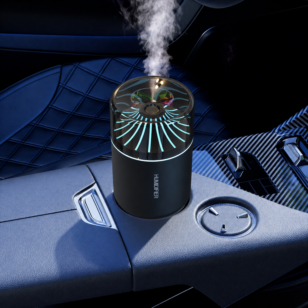 Black cup humidifier with colored light in a car console at night