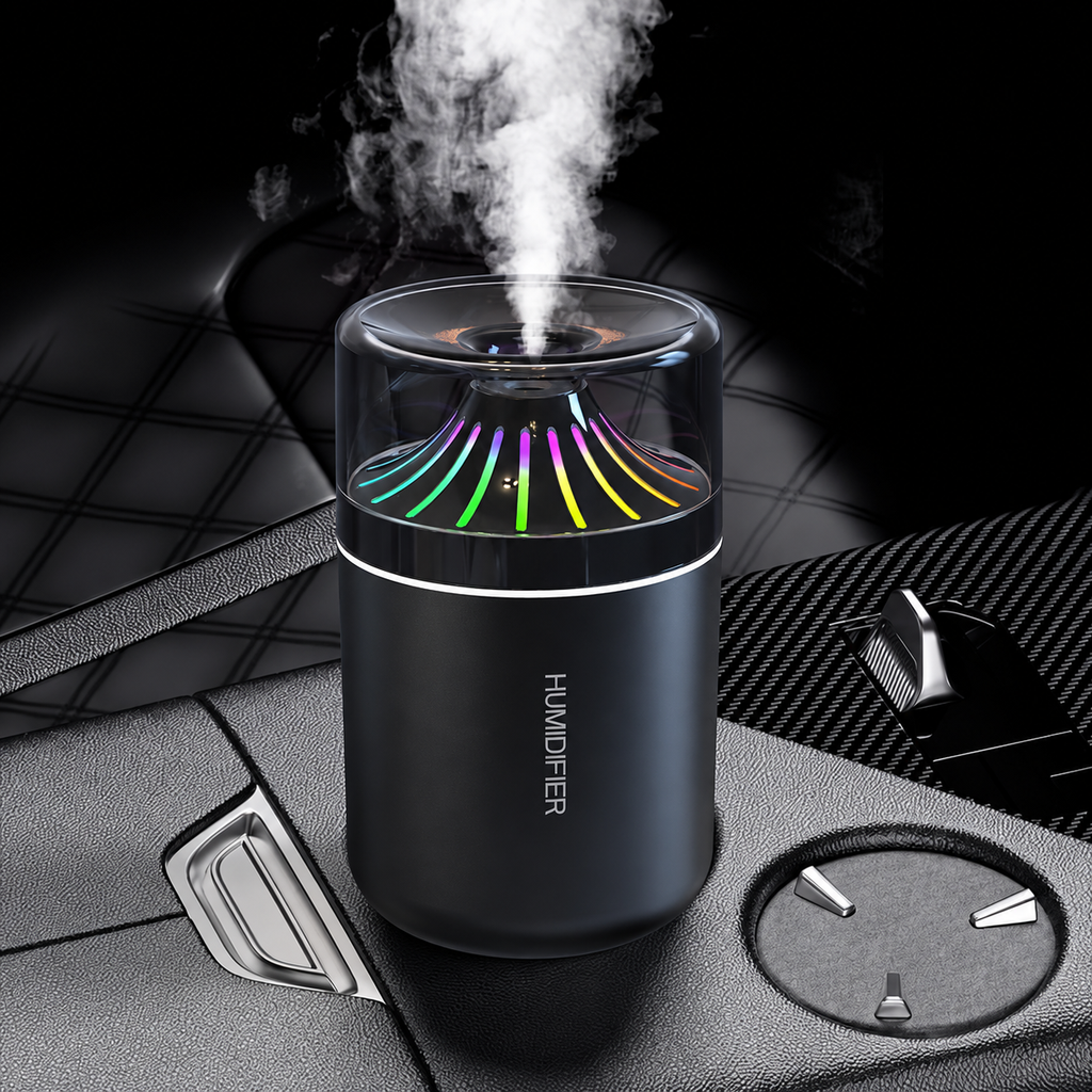Black cup humidifier with multicolor radial lighting on a car console