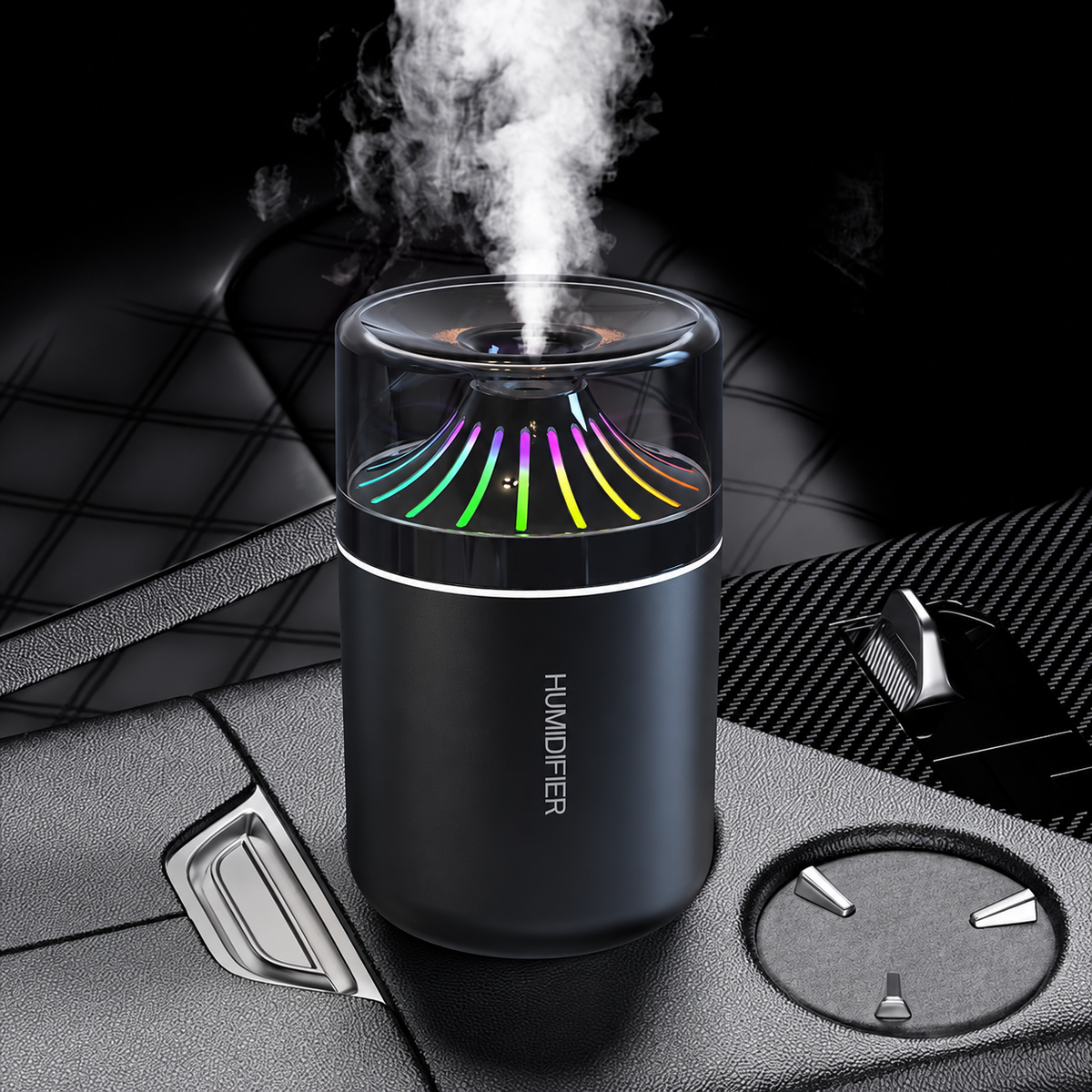 Black cup humidifier with multicolor radial lighting on a car console