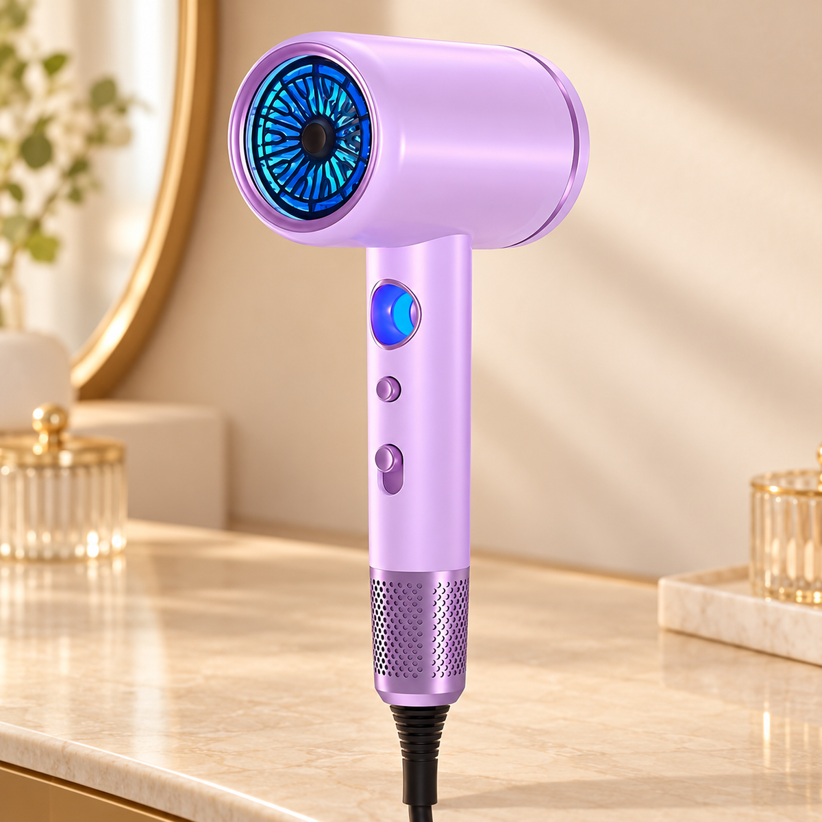 Purple hair dryer with a blue circular handle control and vented base