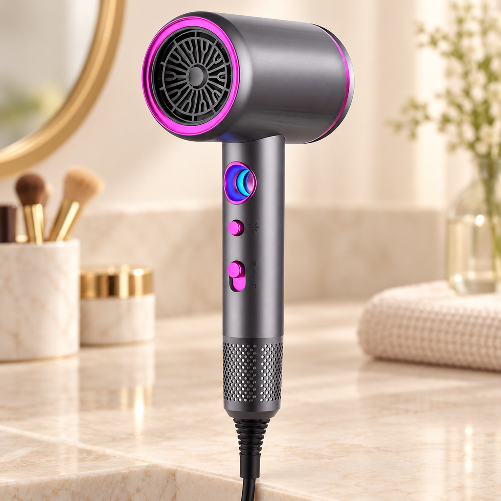 Gray hair dryer with magenta trim and adjustable handle controls