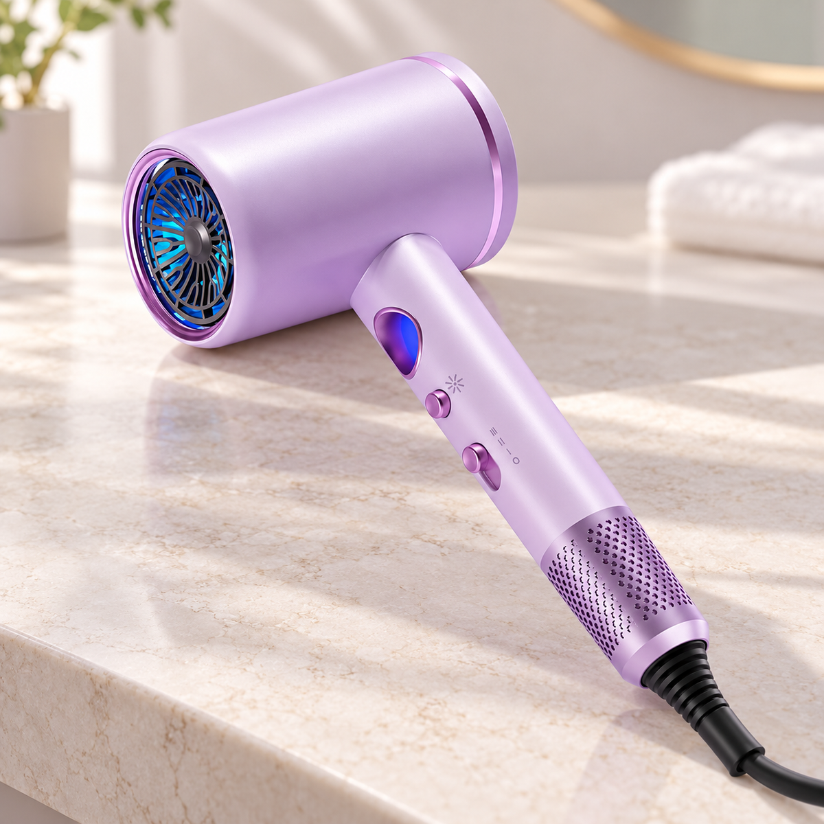 Purple hair dryer resting at an angle on a pale counter