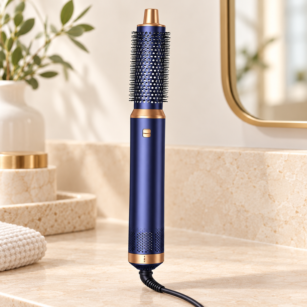 Blue and gold air styler with a round brush attachment