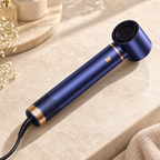 Blue and gold air styler with its drying nozzle fitted