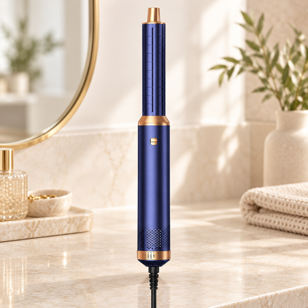 Blue and gold air styler with a long curling barrel fitted