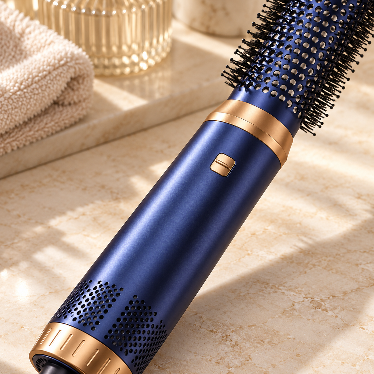 Blue and gold air styler showing its attachment release button