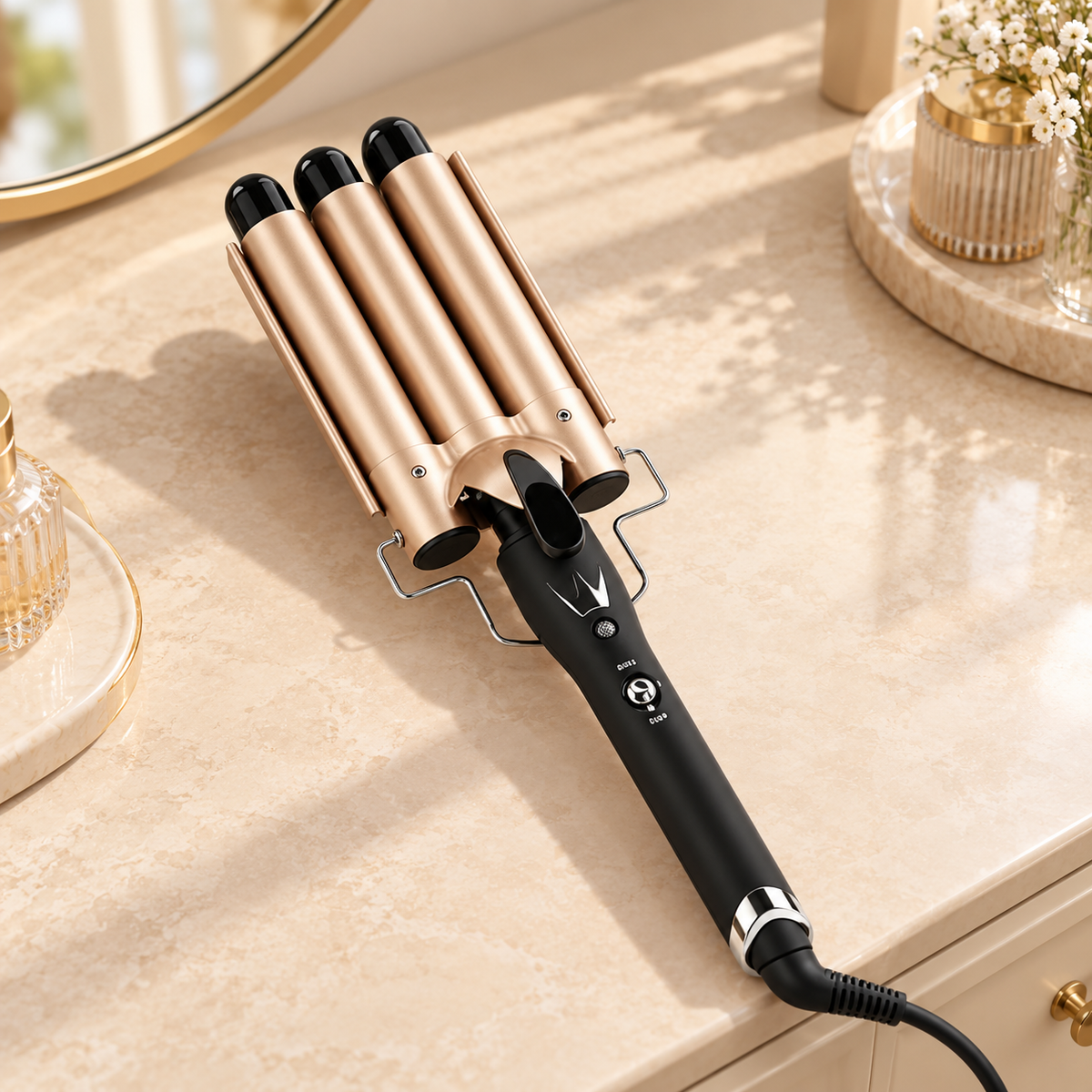 Gold triple barrel hair waver with black handle on a dressing table
