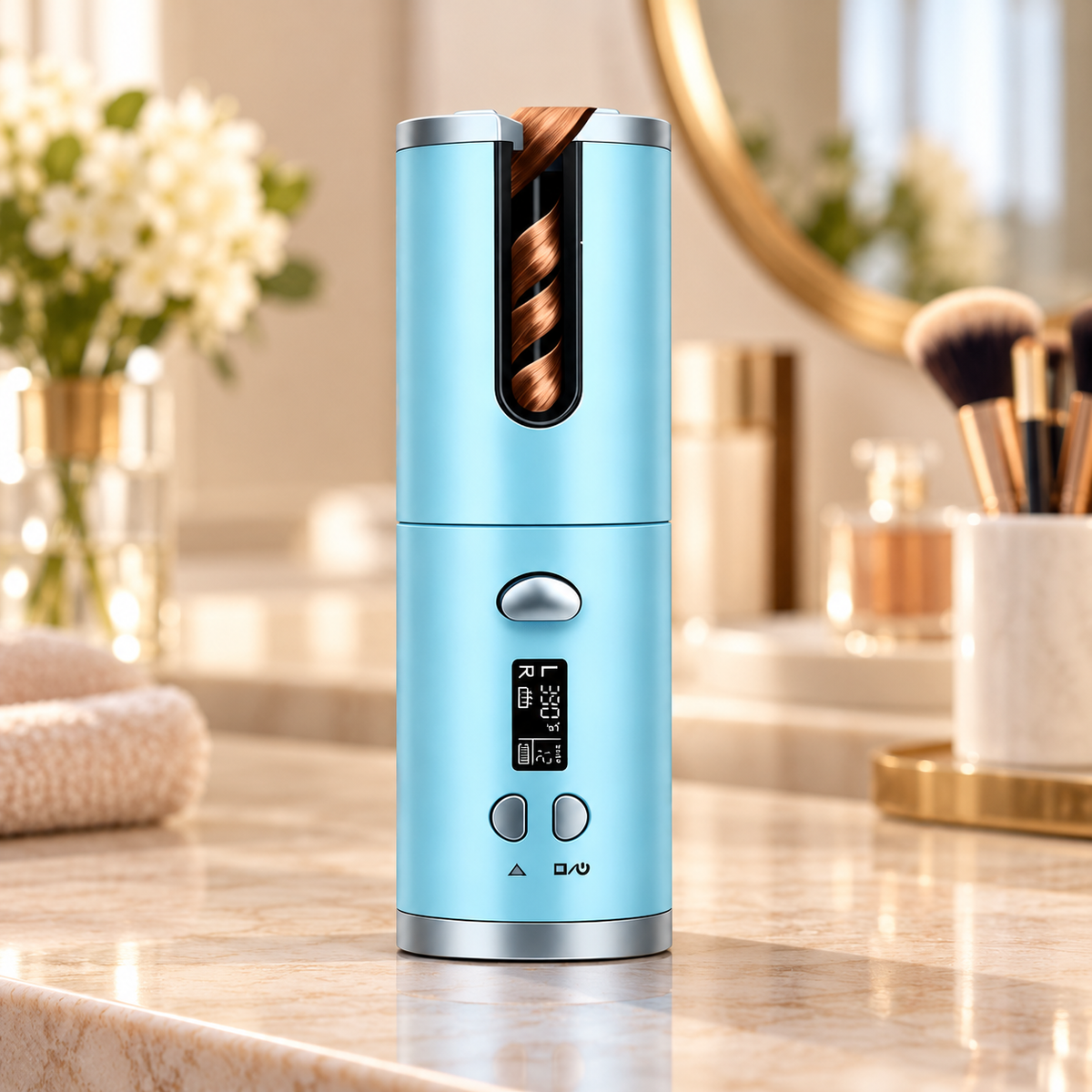 Blue cordless automatic hair curler with silver trim and an LCD control panel