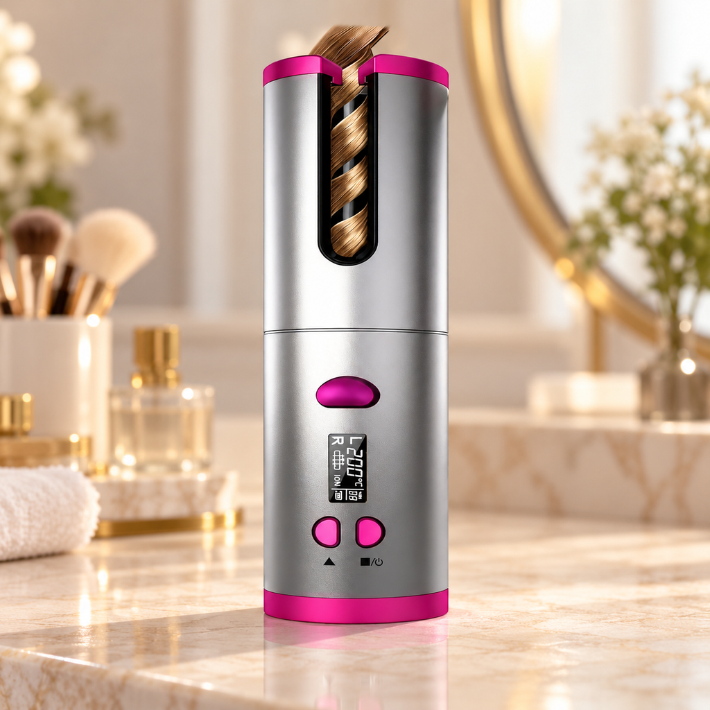 Gray cordless automatic hair curler with magenta trim and buttons