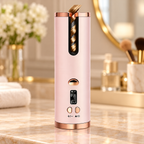 Pink cordless automatic hair curler with rose gold trim and buttons