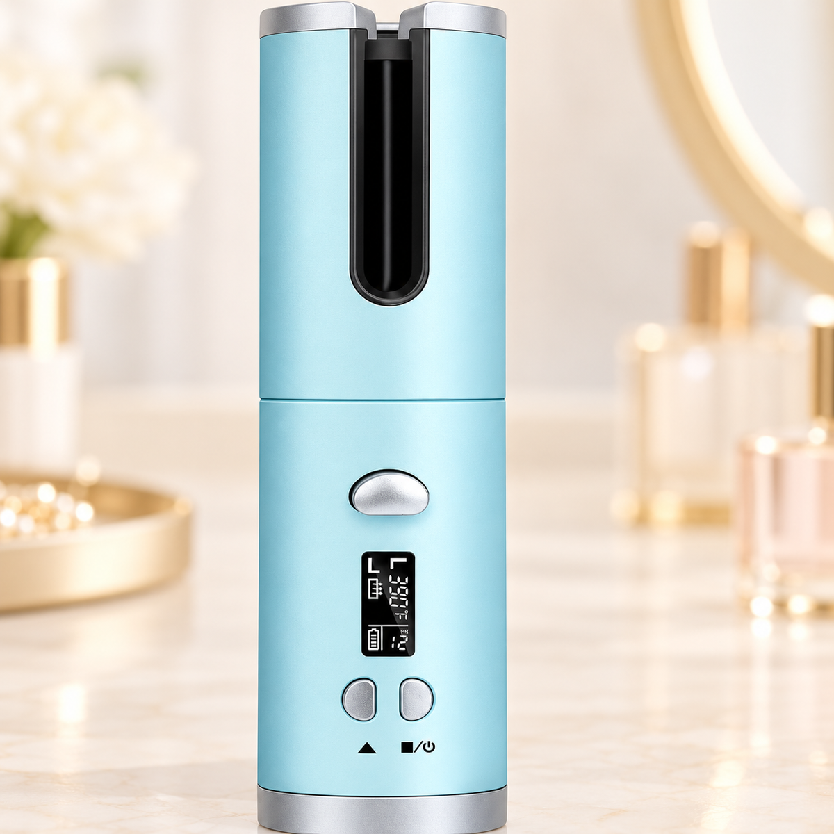Blue cordless automatic hair curler showing the curling chamber and control buttons