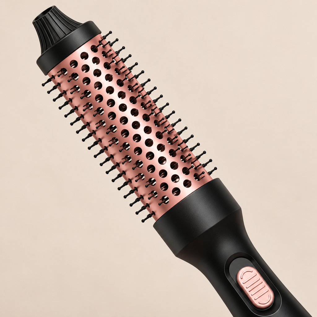Heated round styling brush showing the bristles and upper handle