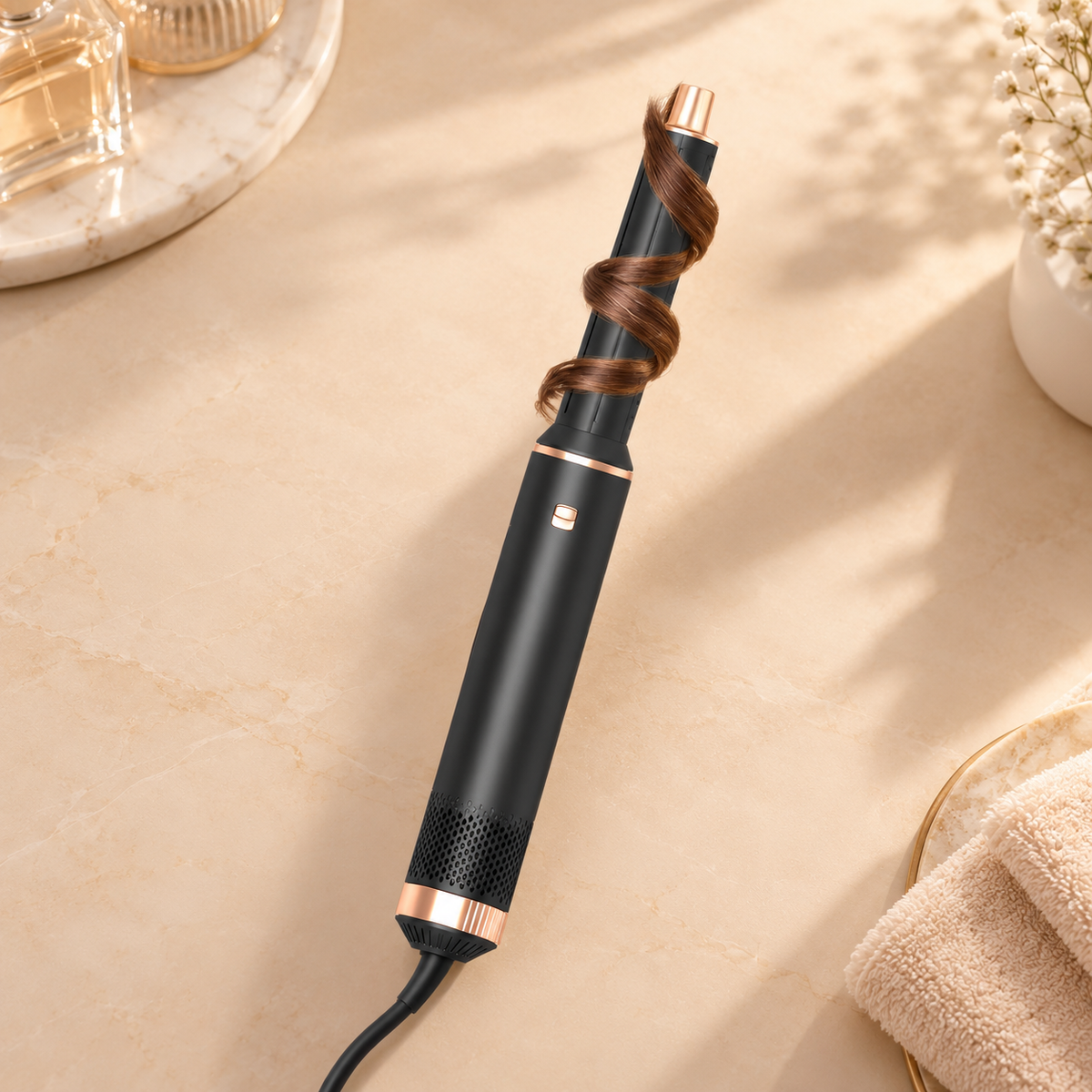 Dark hair styler with copper trim and a curling attachment fitted