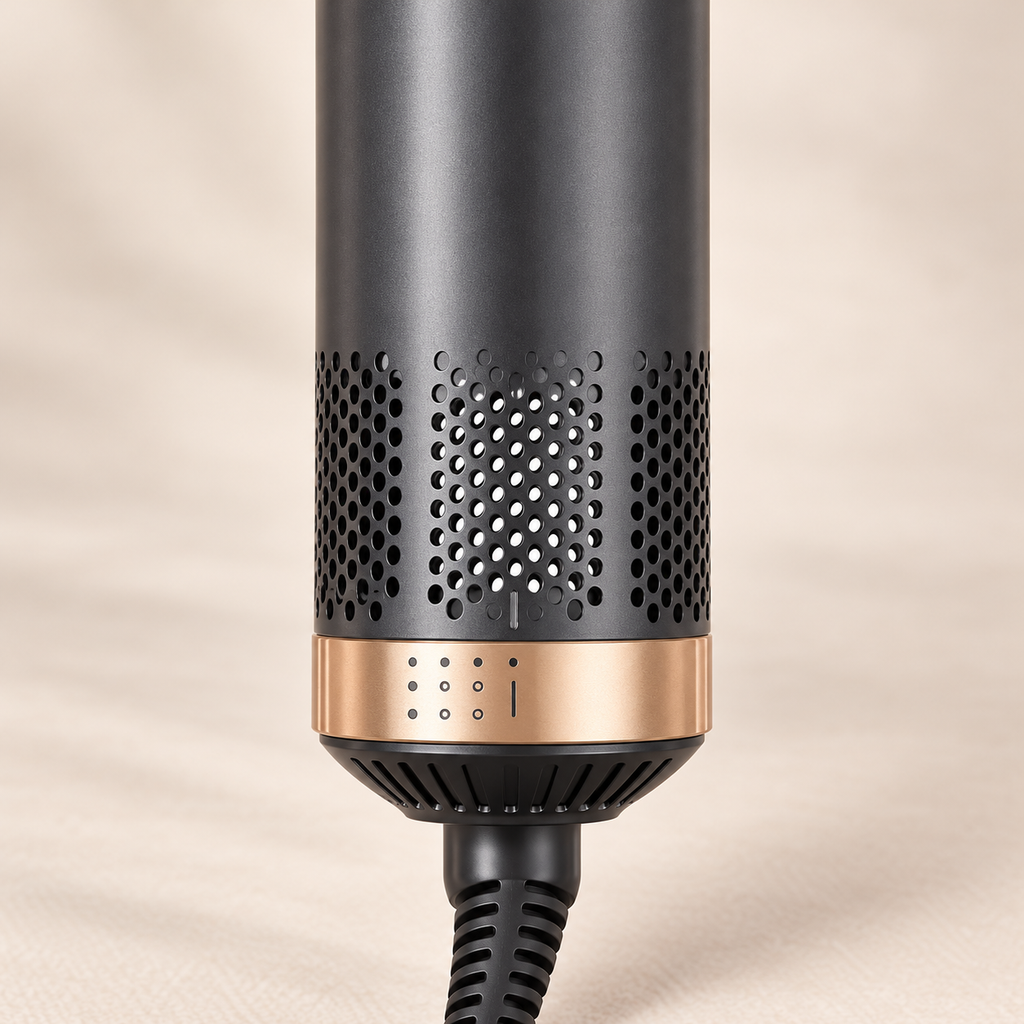Hair styler showing its lower air vents and rotary heat control