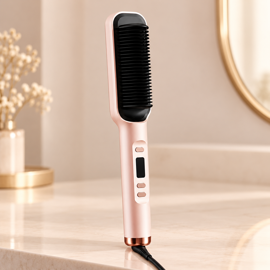 Champagne electric straightening brush with a rectangular black comb head