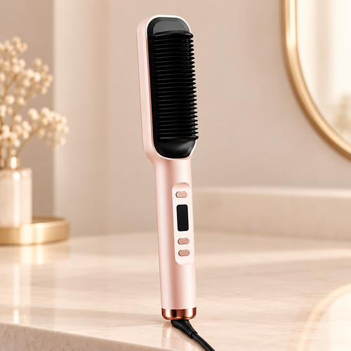 Electric Straightening Brush | Adjustable Heat And Rectangular Comb Head With Champagne Finish