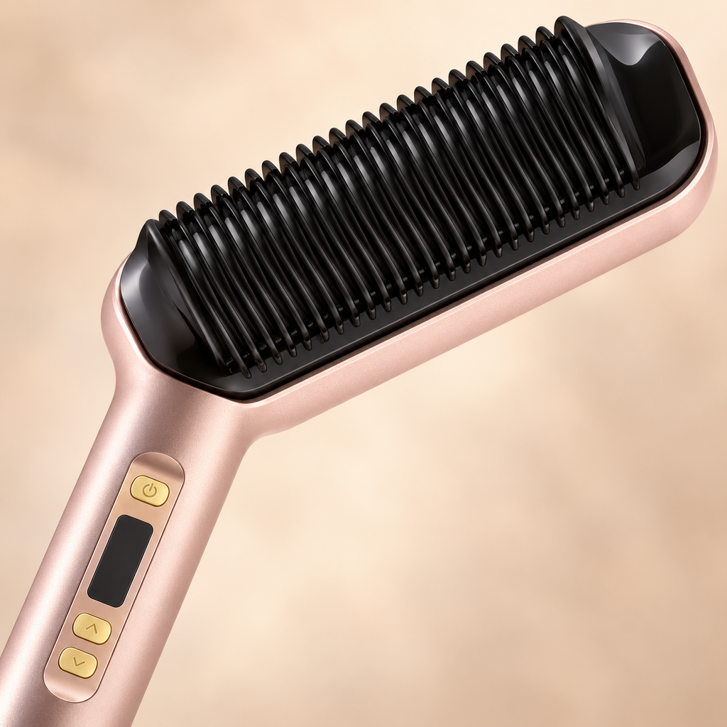 Champagne electric straightening brush showing the comb teeth and handle controls