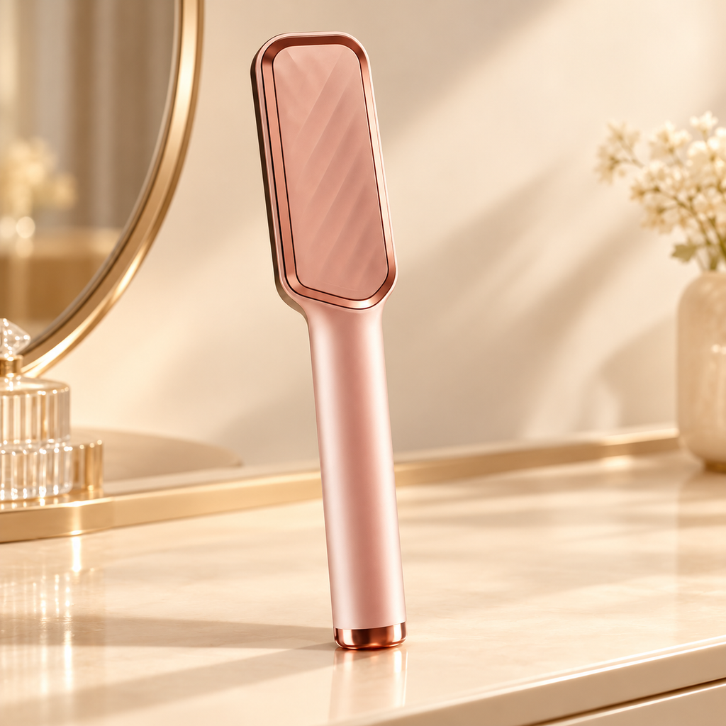 Rear view of the champagne electric straightening brush on a vanity