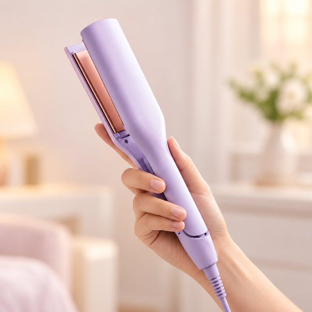 Purple U groove hair waver held at an angle in one hand