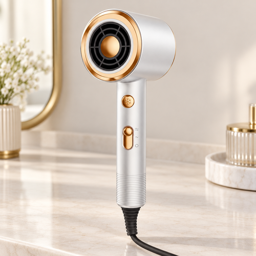 White hair dryer with a gold rim and handle controls