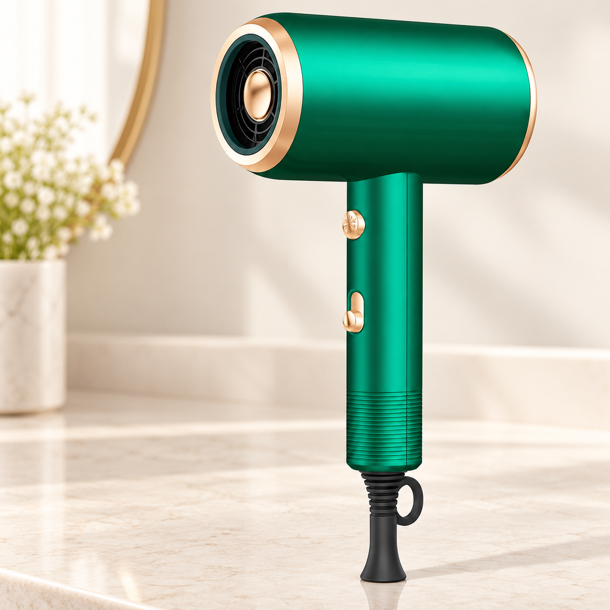 Green hair dryer with a cylindrical head and gold accents