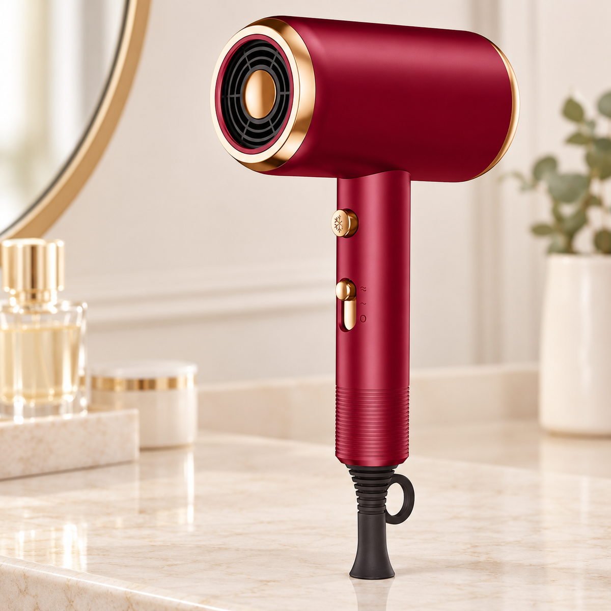 Red hair dryer with a gold trimmed circular grille