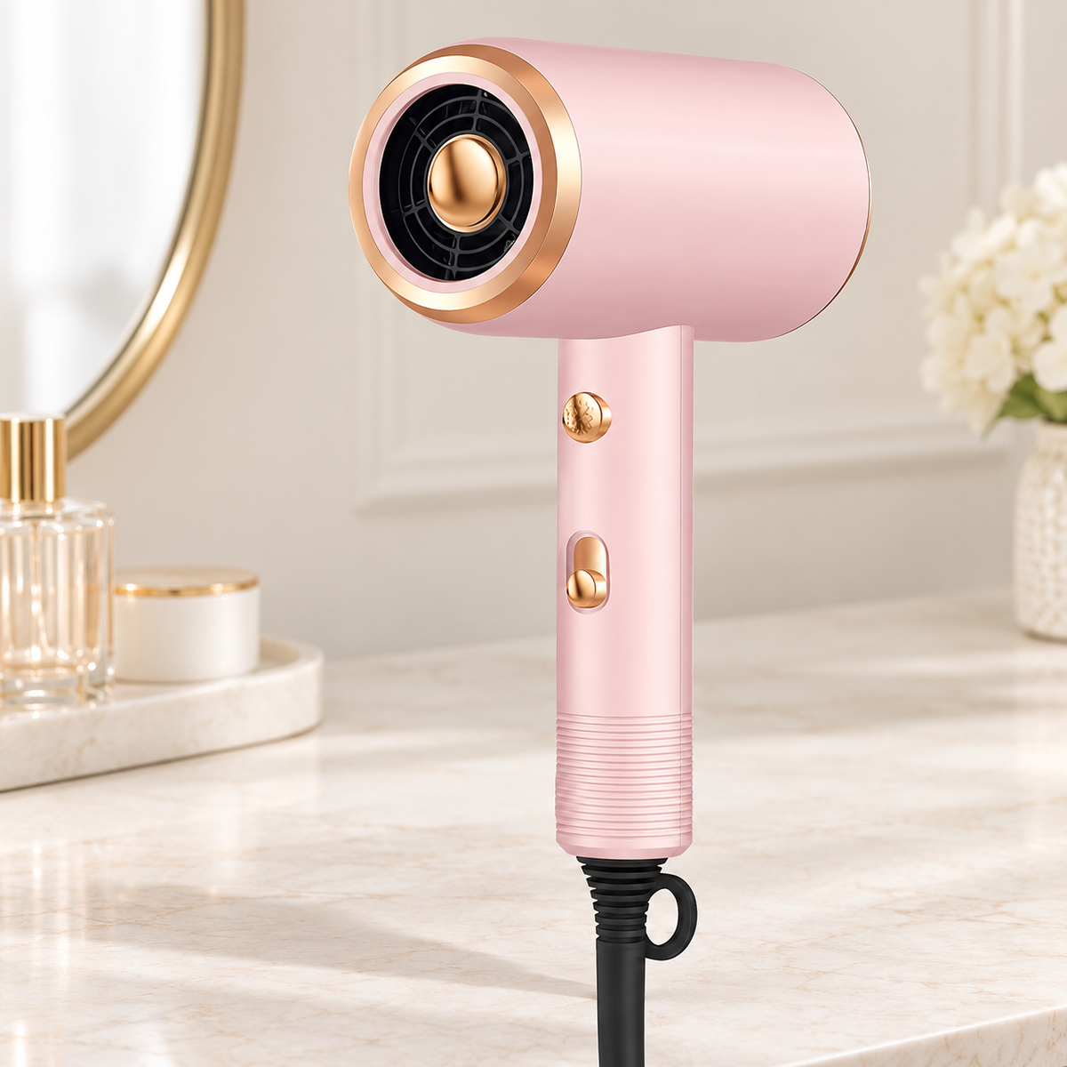 Pink hair dryer with a ribbed handle and gold controls