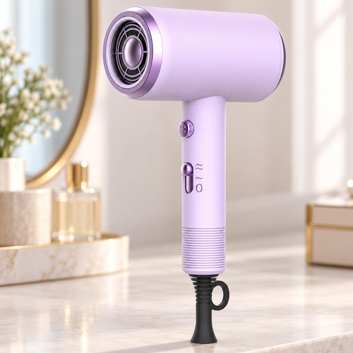 Purple hair dryer with matching handle controls and circular grille