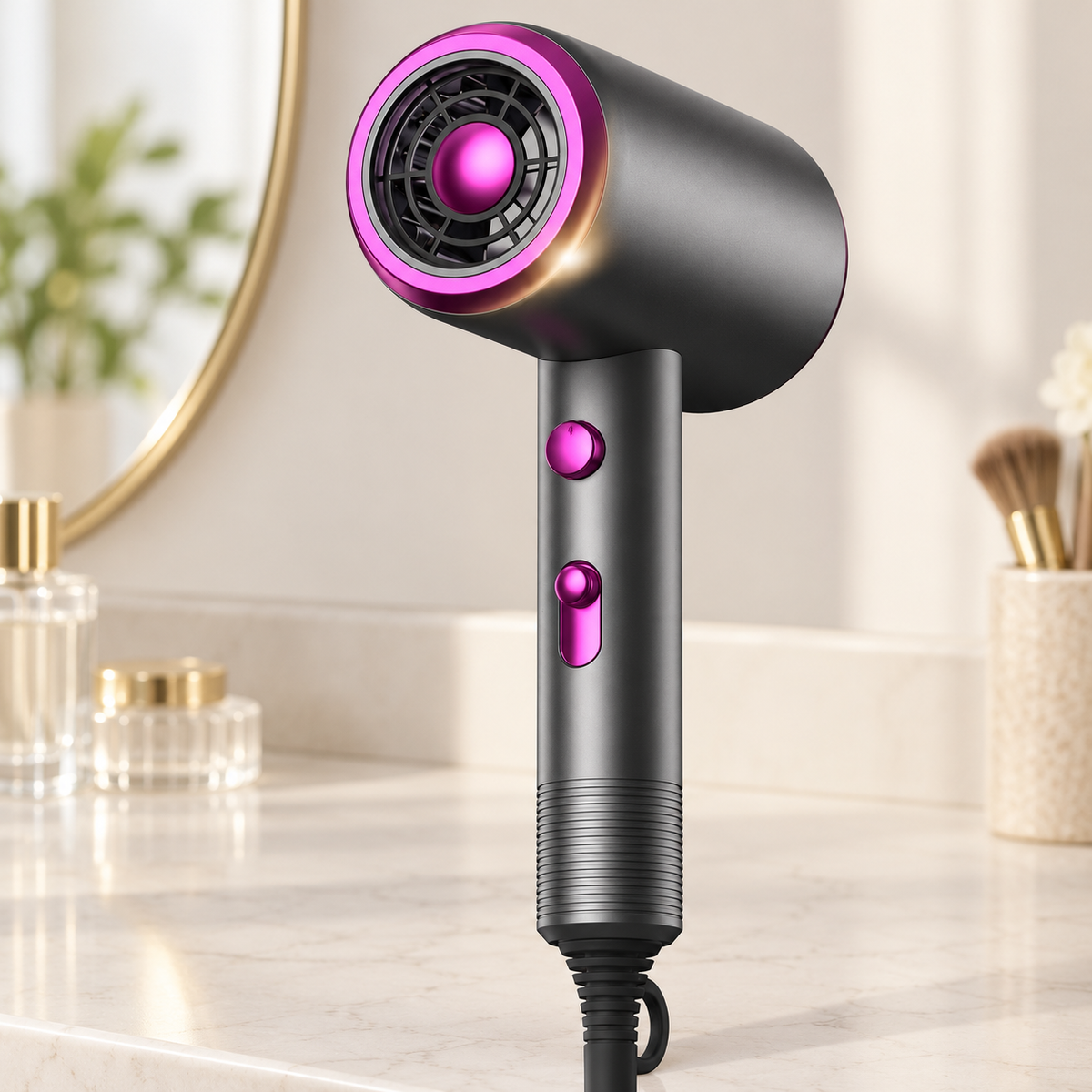 Dark gray hair dryer with magenta trim and controls