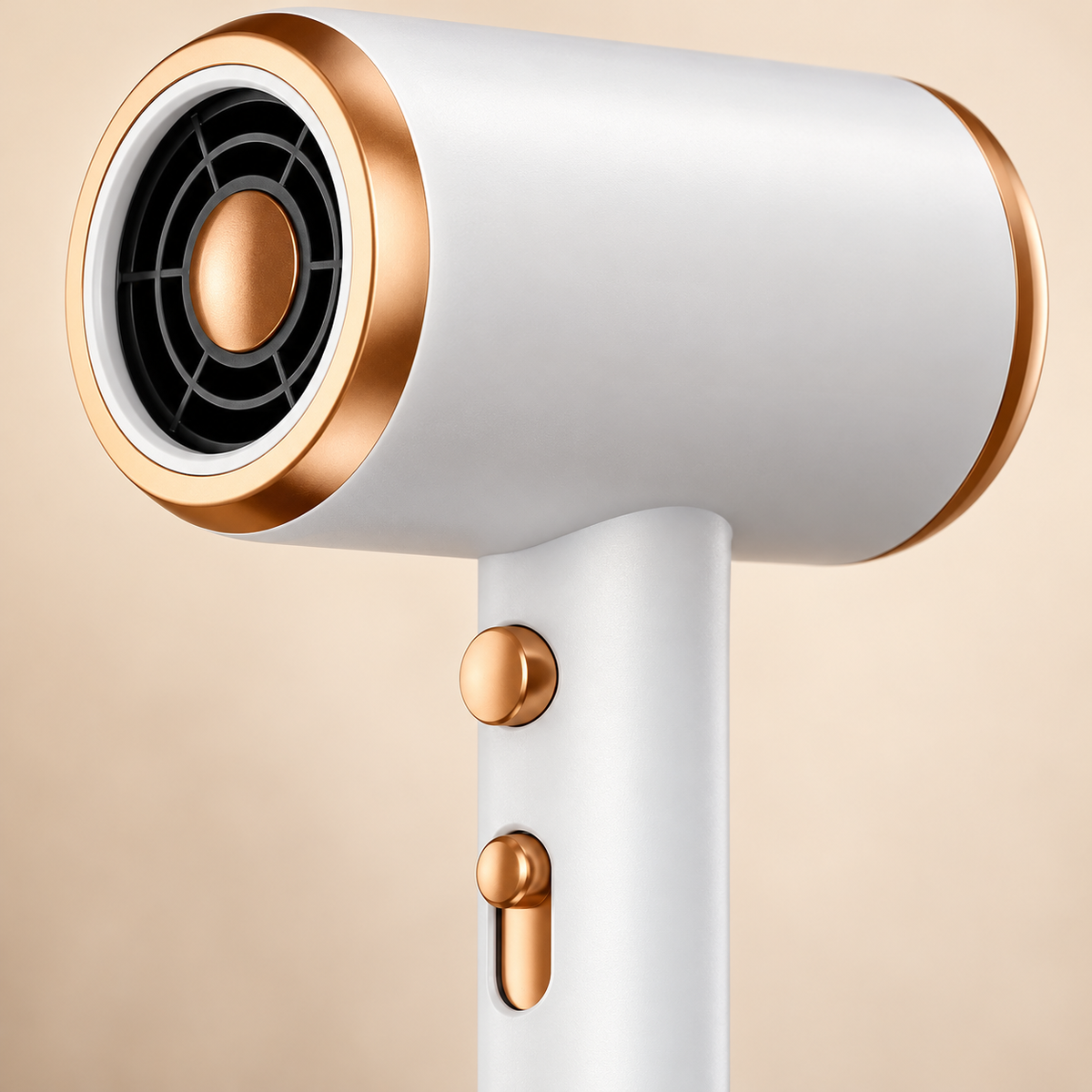 White hair dryer showing the circular grille and handle switches
