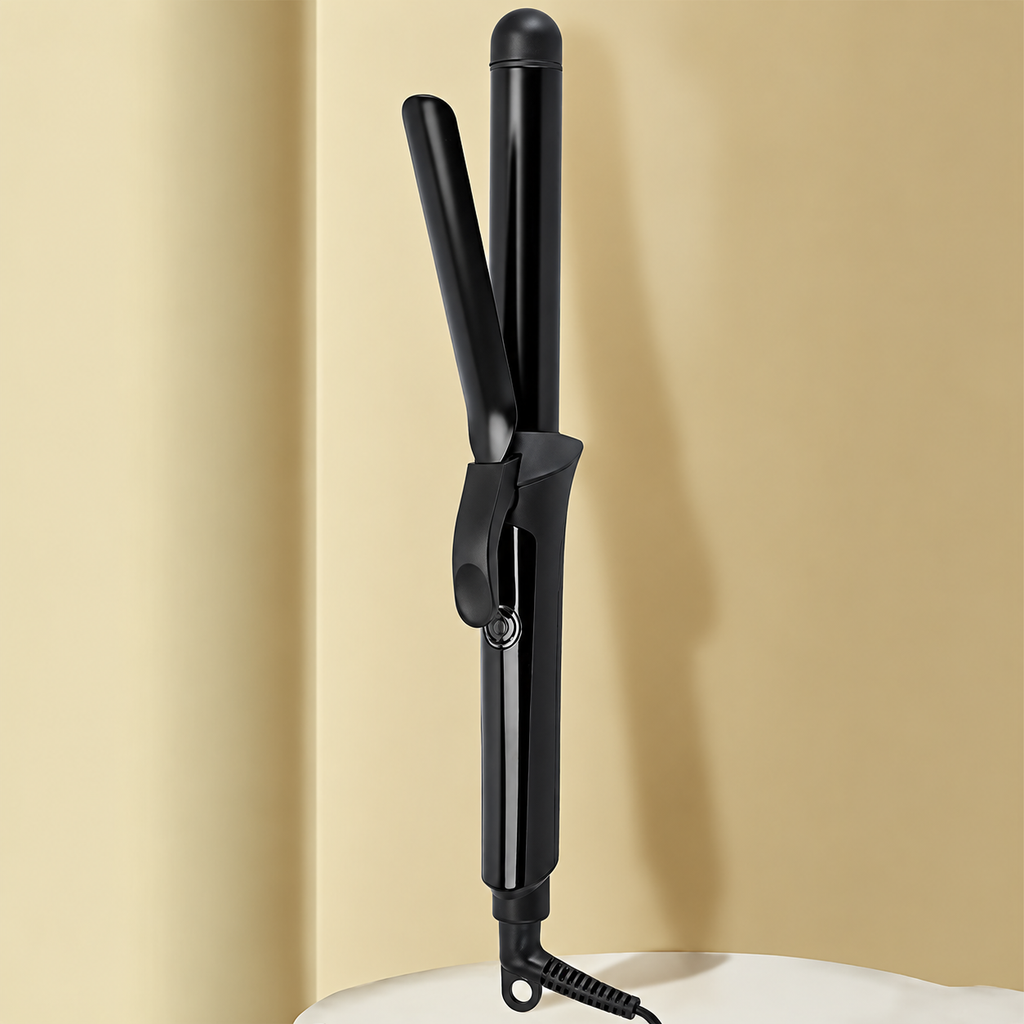 Black hinged curling iron in its original upright alcove setting