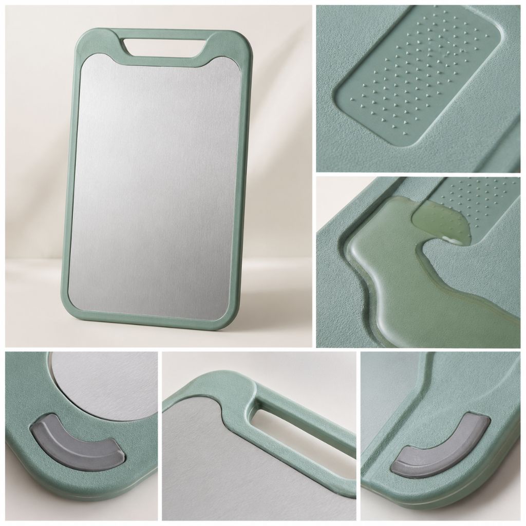 Cutting board shown upright with its carry handle.