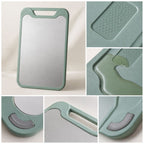 Cutting board shown upright with its carry handle.