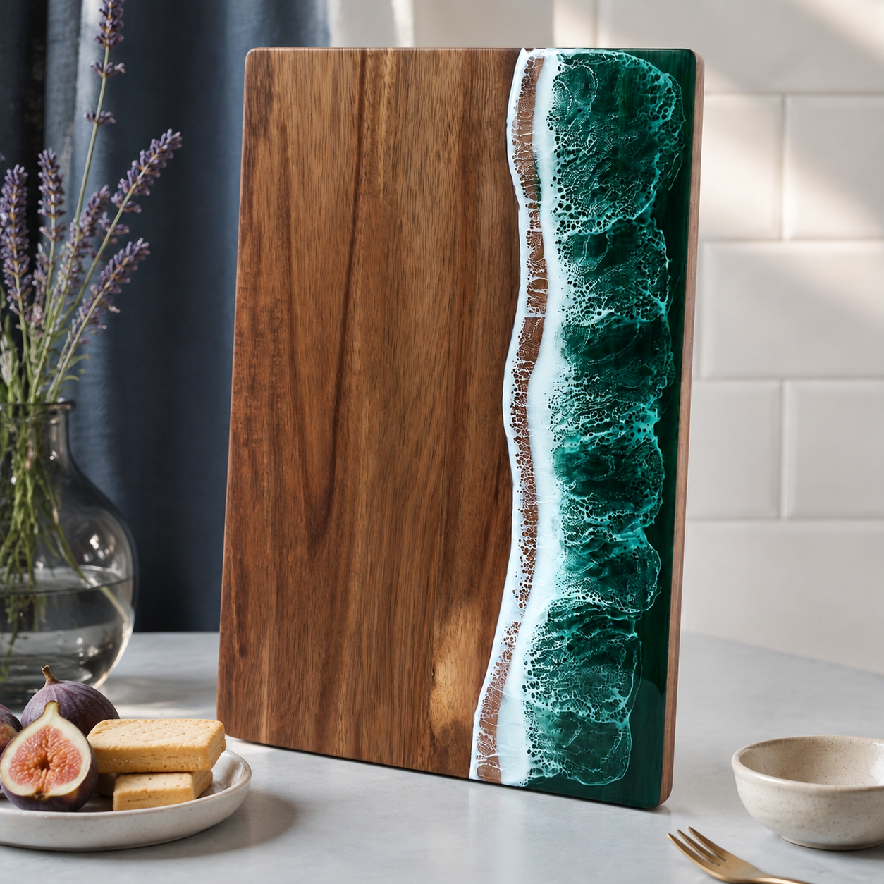 Green resin cutting board standing on a kitchen counter with figs and lavender nearby.
