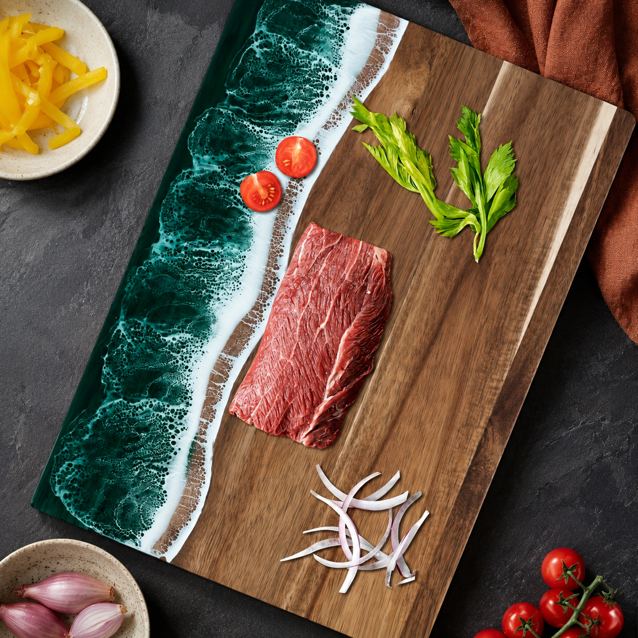 Green resin cutting board holding raw steak, celery and tomatoes on a slate counter.