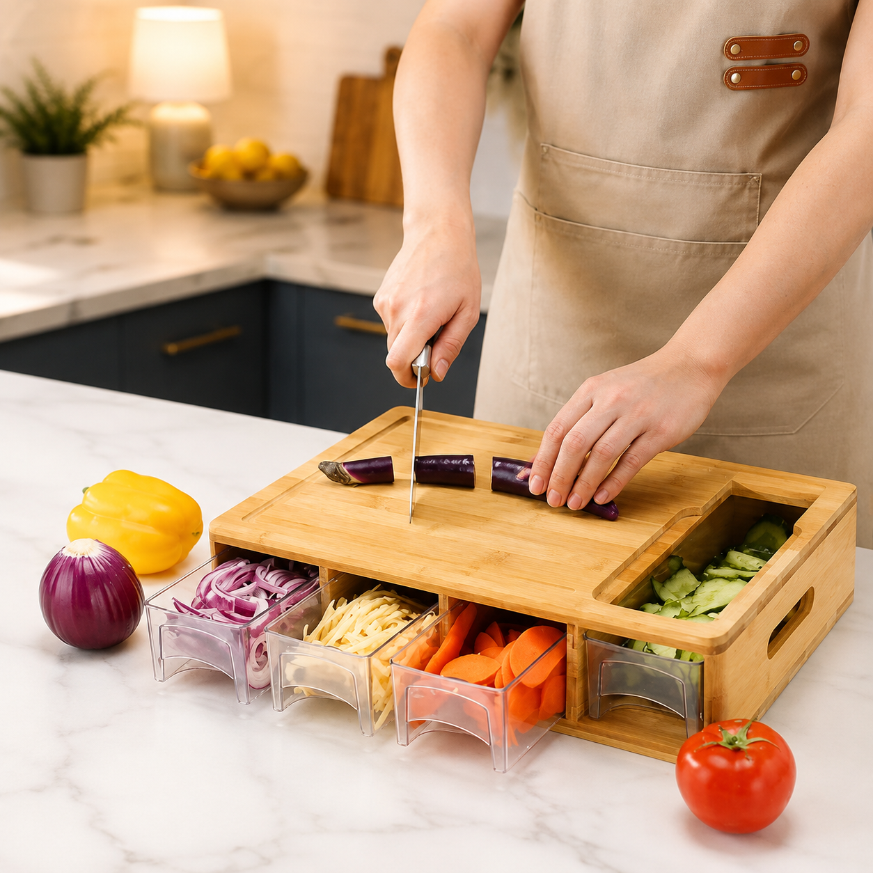 Bamboo cutting board used for chopping above four organized ingredient trays.