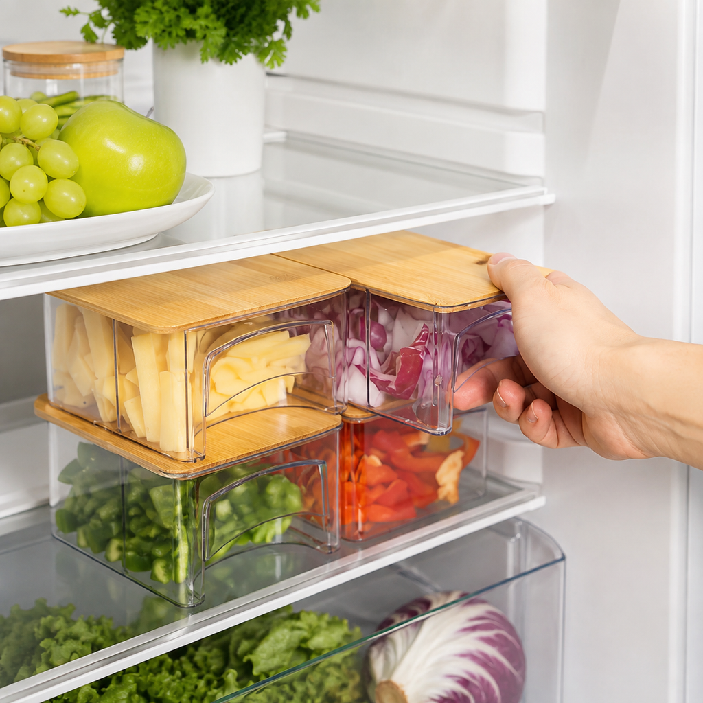 Bamboo cutting board with storage trays being pulled from a refrigerator.