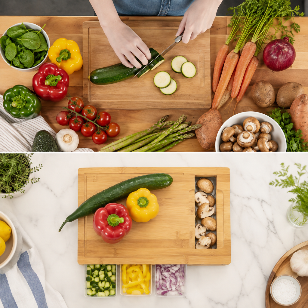 Bamboo cutting board shown in before and after vegetable prep arrangements.