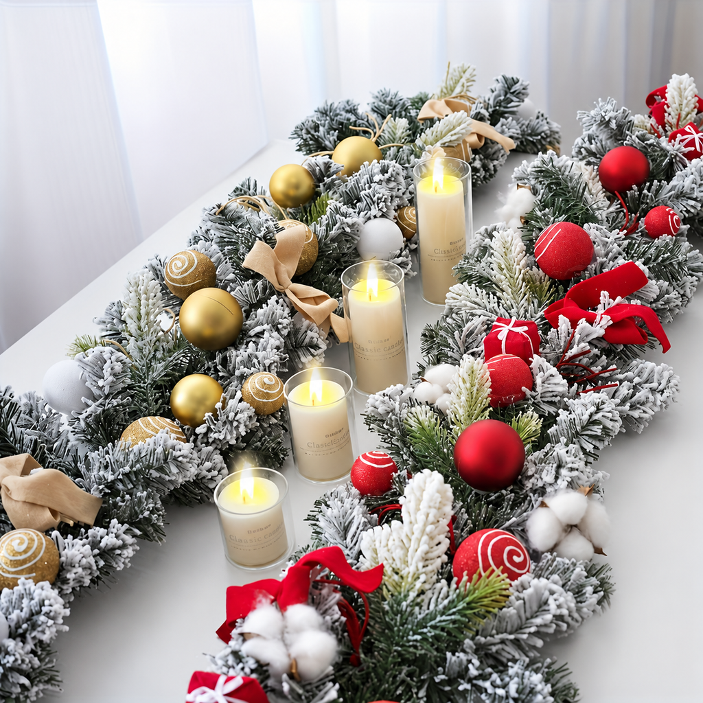 Decorated snow flocked Christmas garlands with gold and red ornaments shown beside separate candle props