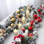 Decorated snow flocked Christmas garlands with gold and red ornaments shown beside separate candle props