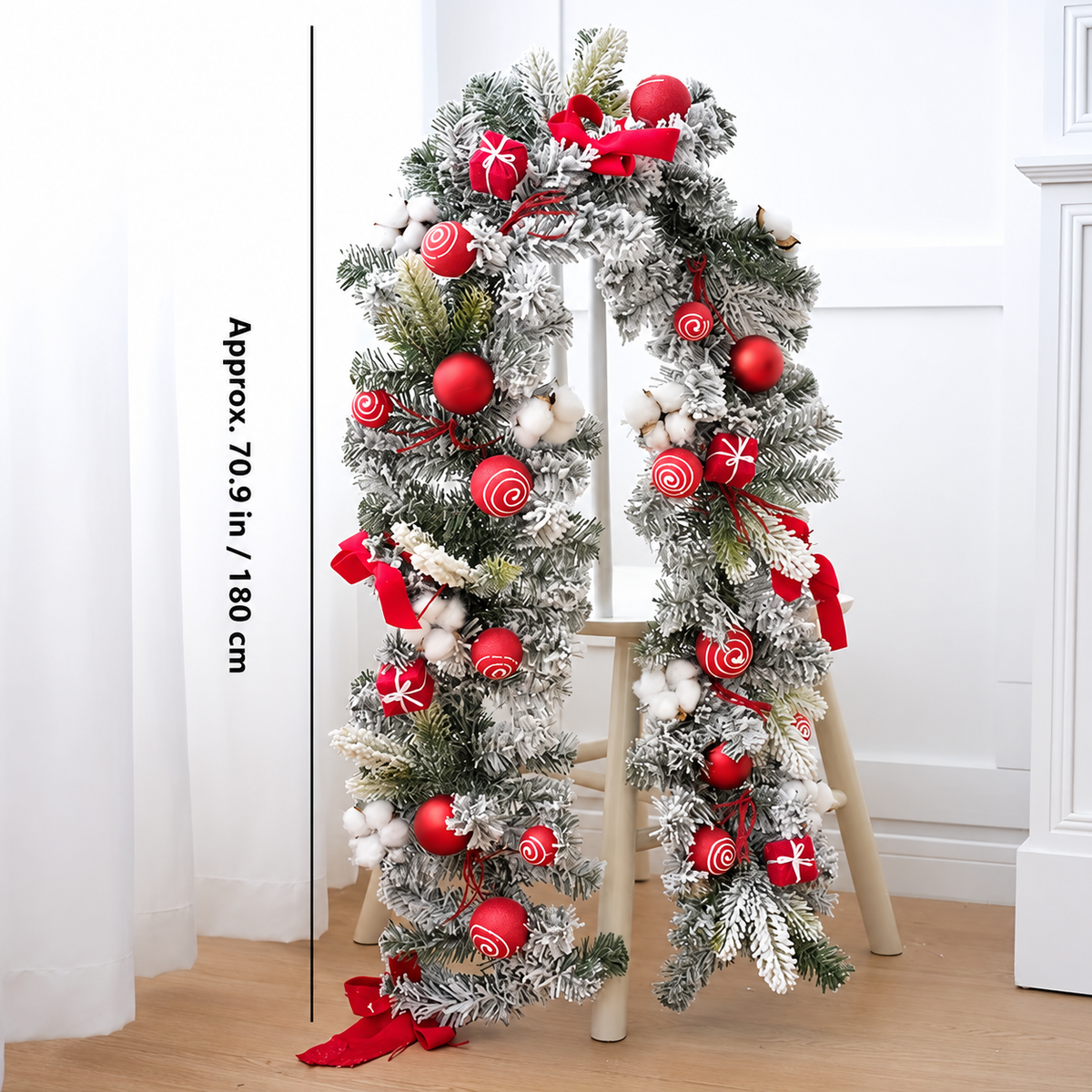 Red decorated Christmas garland size guide showing approximately 70.9 inches or 180 centimeters