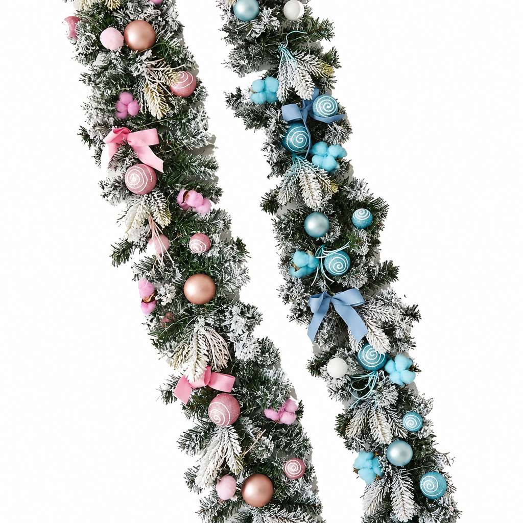 Pink and blue decorated Christmas garlands shown side by side on a white background