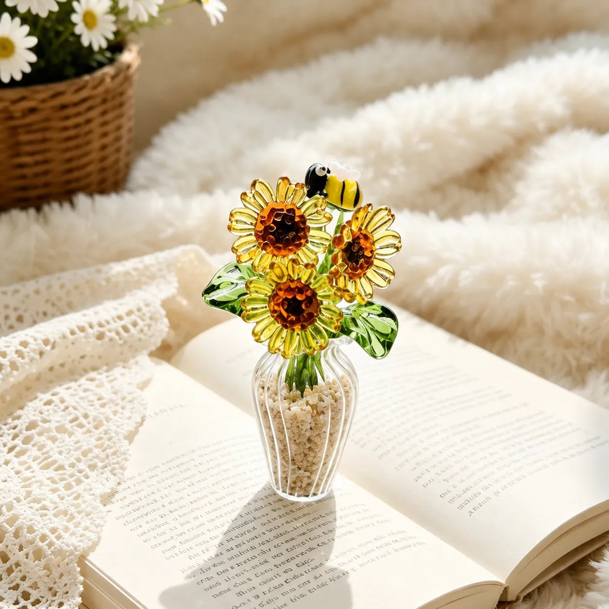 Miniature decorative glass flowers in a vase, sunflowers