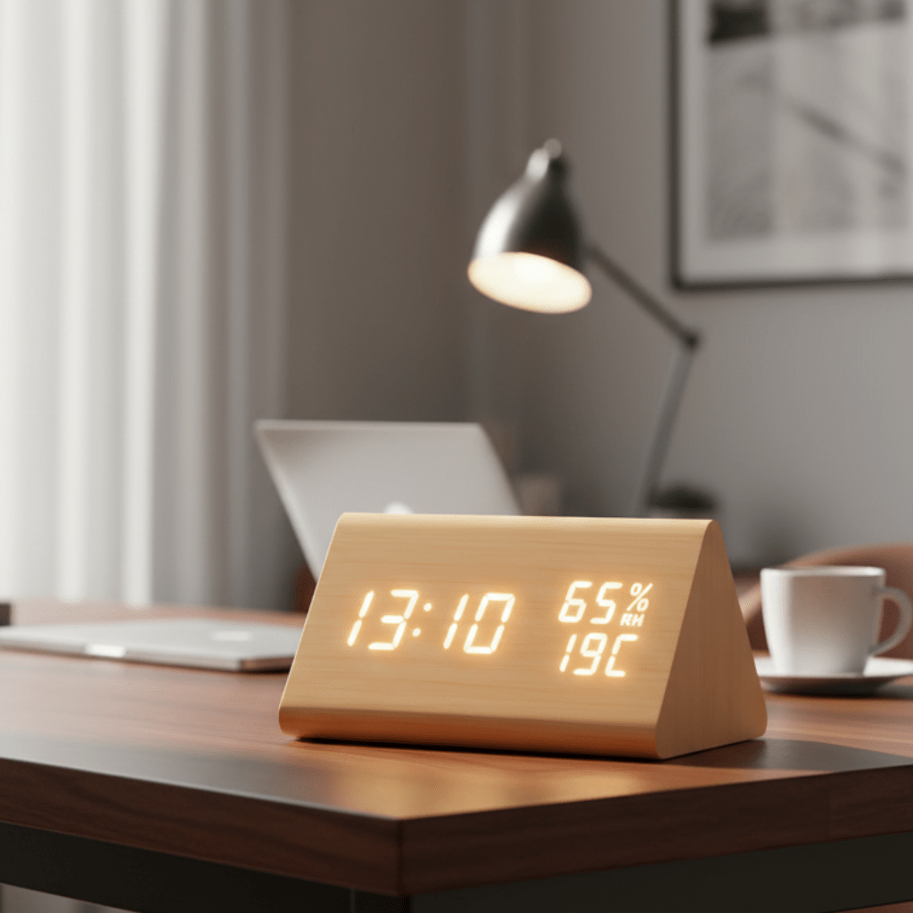 Digital alarm clock in a light wood finish showing time and temperature on a desk.