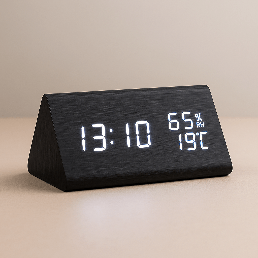 Digital alarm clock in black with a white LED display isolated on a neutral background.