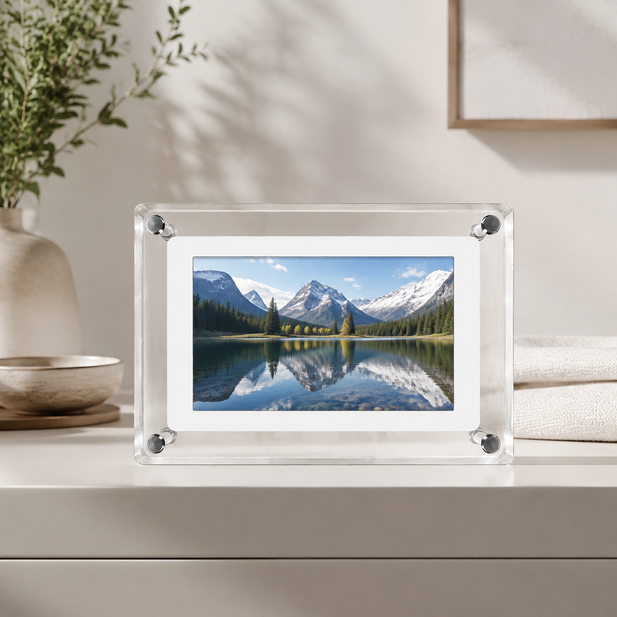 Landscape digital photo frame displaying snowy mountains on a neutral console.