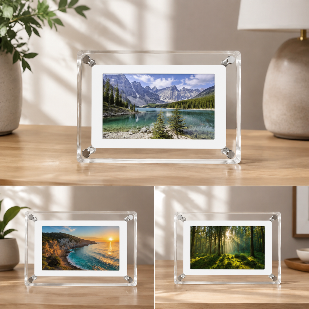 Three landscape digital photo frame views displaying different natural scenery.