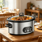 Silver digital slow cooker with food on a wooden kitchen counter