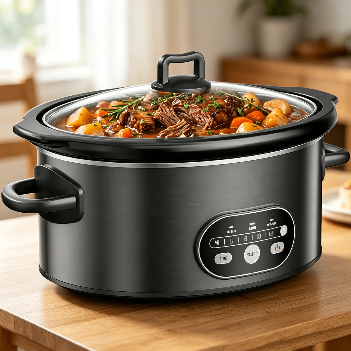 Black digital slow cooker with food on a wooden kitchen counter